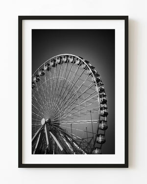 Black and white Ferris wheel structure at Navy Pier Chicago viewed from below