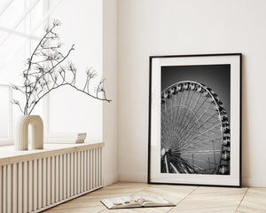 Large observation wheel at Navy Pier Chicago photographed from ground perspective