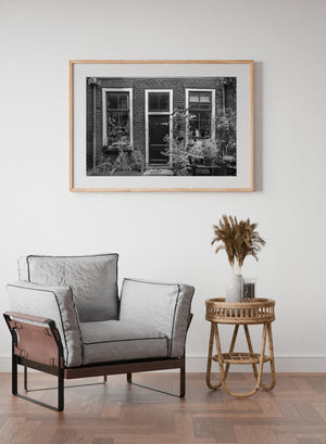 Old brick façade with plants and wooden door