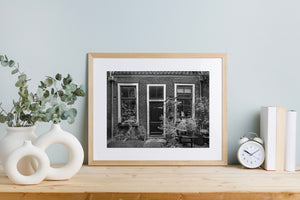 Monochrome street scene of Amsterdam house exterior