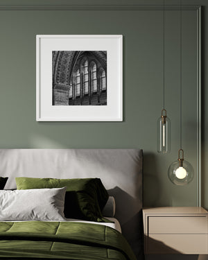 Black and white photo of Gothic interior architecture