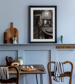 old European kitchen interior with hearth and wooden furniture