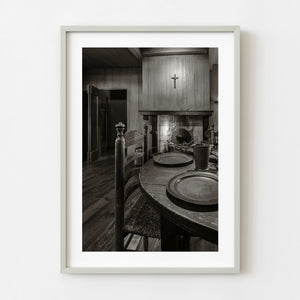 historic wooden kitchen interior Netherlands with table and fireplace