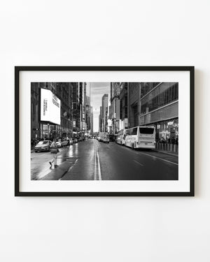 New York 42nd Street evening scene with traffic in black and white