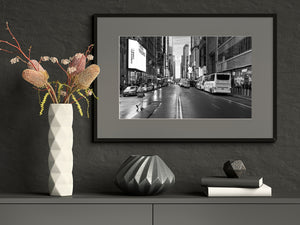 New York city traffic and theatre signs photographed in black and white