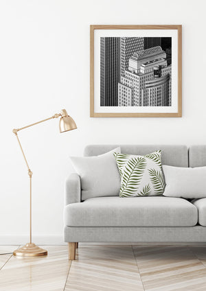 Manhattan's Architectural Elegance, Detailed View of Skyscrapers, Black and White Cityscape Art.