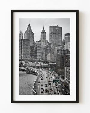 New York City skyline above traffic on FDR Drive