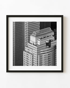 New York skyscraper facades and rooftop curves in black and white