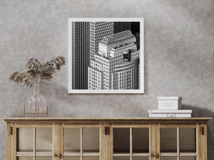 Sunlit Manhattan skyscrapers with contrasting patterns of windows