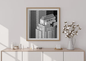 Curved rooftop structures above a New York building in monochrome