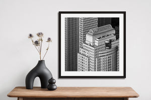 Dense New York architecture with vertical lines and layered rooftops