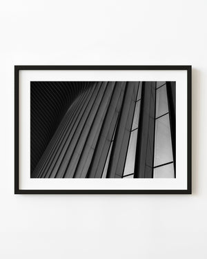 Curving ribs of the New York Oculus in black and white