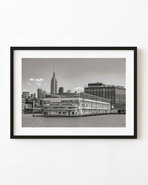 New York Pier 57 and Empire State Building in black and white