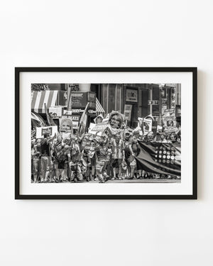 New York Pride parade protest crowd in black and white