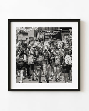black and white image of NYC protest crowd