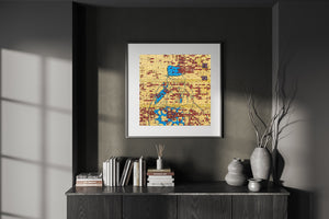Textured New York street-art photograph with yellow blue and red colours