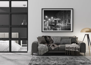 Night city scene with tram