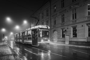 Foggy Oslo streets at night
