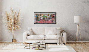 Weathered industrial façade filled with street art characters and textures