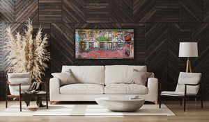 Detailed urban graffiti collage on multi window brick building