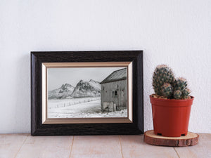 Quiet winter day at old barn near Flakstad waterfront