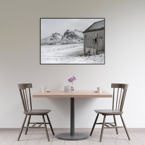 Peaceful Norwegian landscape with snow and barn