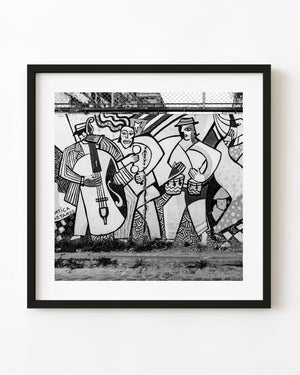 Old Havana musicians mural photographed in black and white