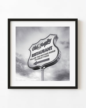 Old Route 66 Family Restaurant sign in black and white