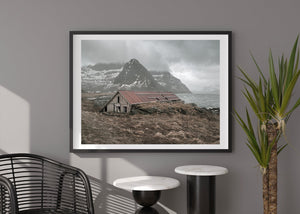 Old boathouse and mountain backdrop print