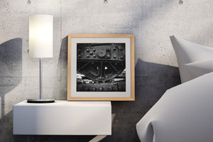 Black and white photograph of weathered machinery