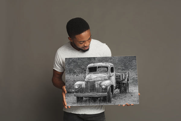 Abandoned rusted truck close-up, classic vehicle decay wall art