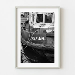 Old tugboat Gulf Rival in British Columbia black and white