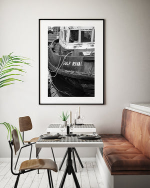 Historic Gulf Rival tugboat photograph in monochrome