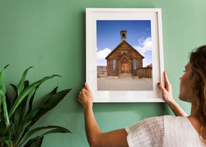 Rustic wooden church facade in Bodie, California
