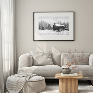 rural Canadian barn in winter with snow covered ground