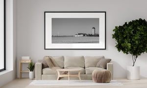 Black and white panorama of an Ontario farm and wind turbines