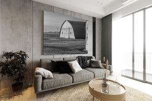 Curved barn roof and cylindrical silo in a monochrome Ontario landscape