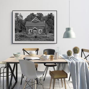 Traditional Canadian log house framed by trees in Ontario countryside