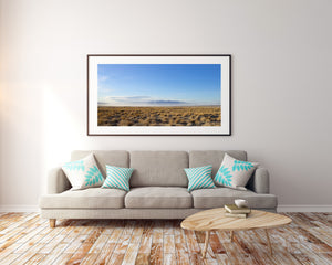 Golden scrub and low mountain haze across a California plain