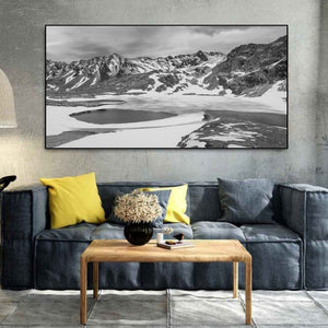 Monochrome panorama of snow and open water near Ushuaia Argentina