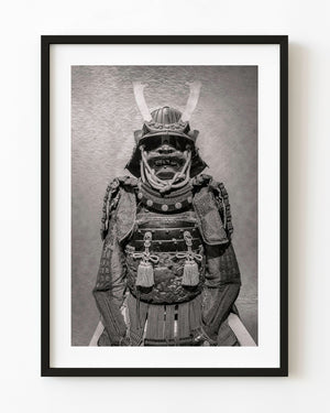 Samurai armor with ornate crescent helmet crest in monochrome