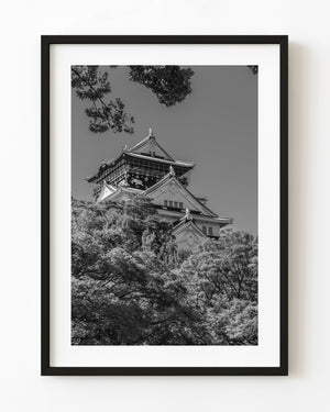 Osaka Castle rising above leafy trees, photographed in black and white
