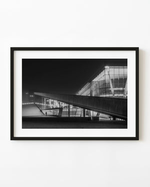 Oslo Opera House illuminated in night fog, black and white photograph