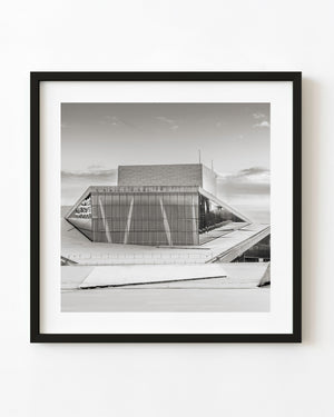 Oslo Opera House surrounded by snow in a minimalist black and white photograph