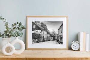 Historische Scandinavische huizen in een besneeuwde omgeving