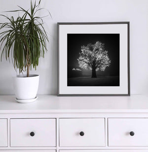 Modern LED tree in Scandinavian cityscape