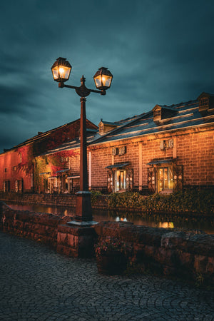 Historic warehouse district in Otaru Japan at blue hour