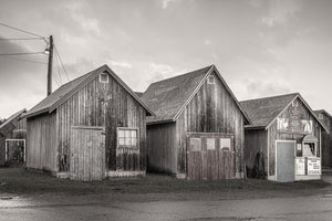 PEI fishing garages with distinctive red-toned door