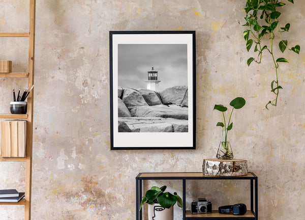 Black and white lighthouse landscape art