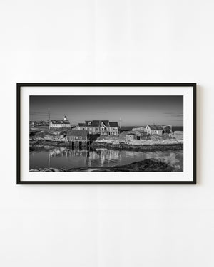 Black and white Peggys Cove harbor reflections